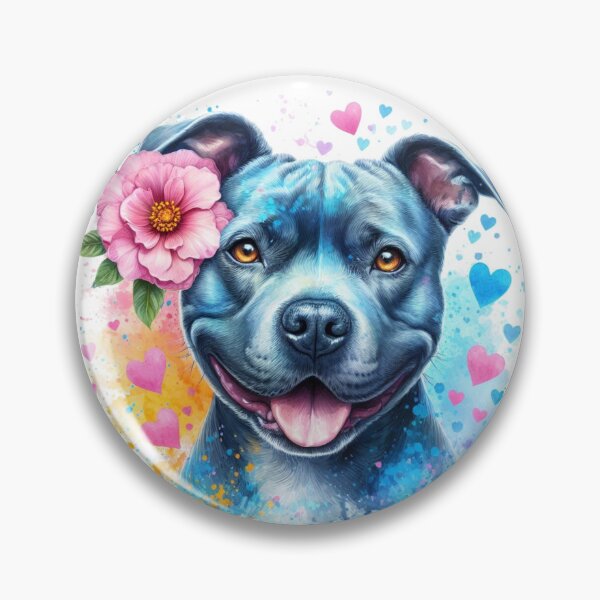 Item preview, Beautiful Happy Blue Staffy Watercolor Portrait with Hearts and Flowers designed and sold by MaedK.