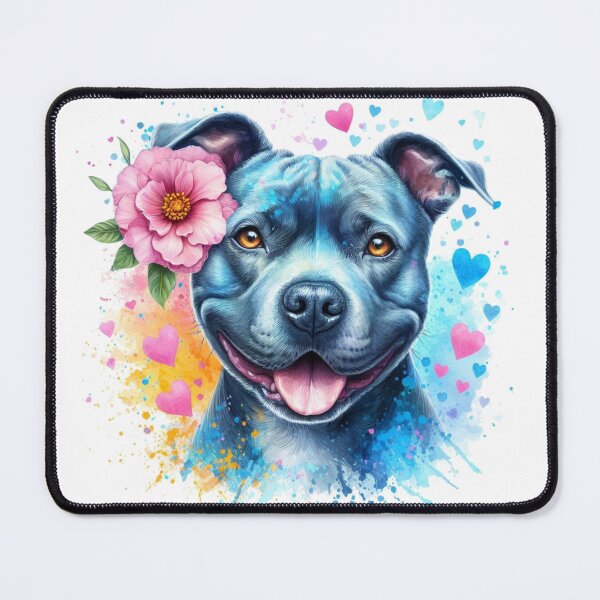Item preview, Beautiful Happy Blue Staffy Watercolor Portrait with Hearts and Flowers designed and sold by MaedK.