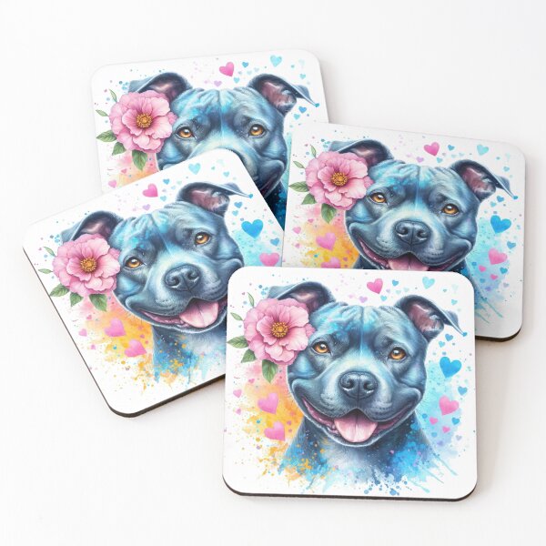 Item preview, Beautiful Happy Blue Staffy Watercolor Portrait with Hearts and Flowers designed and sold by MaedK.