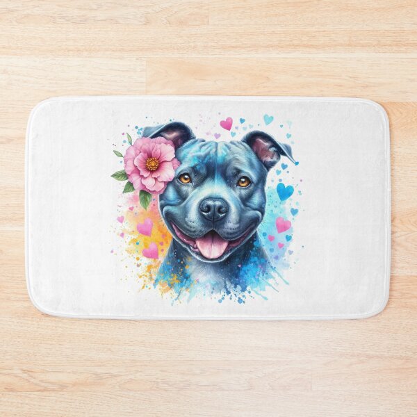Item preview, Beautiful Happy Blue Staffy Watercolor Portrait with Hearts and Flowers designed and sold by MaedK.