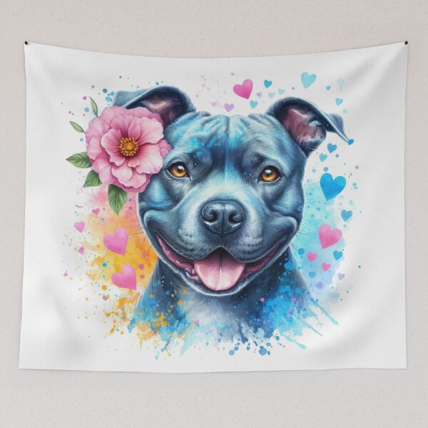 Item preview, Beautiful Happy Blue Staffy Watercolor Portrait with Hearts and Flowers designed and sold by MaedK.