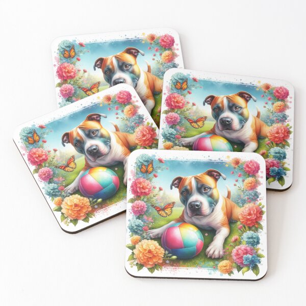 Item preview, Fun Colorful Watercolor Staffy with Butterflies in Garden designed and sold by MaedK.
