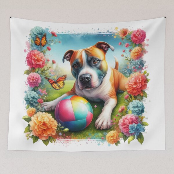 Item preview, Fun Colorful Watercolor Staffy with Butterflies in Garden designed and sold by MaedK.
