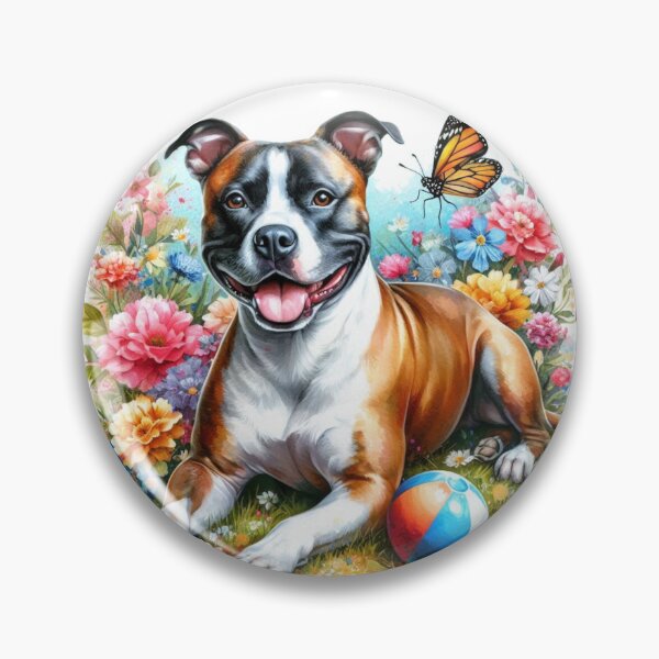 Item preview, Colorful Happy Staffy in Garden with Butterfly Watercolor Portrait designed and sold by MaedK.