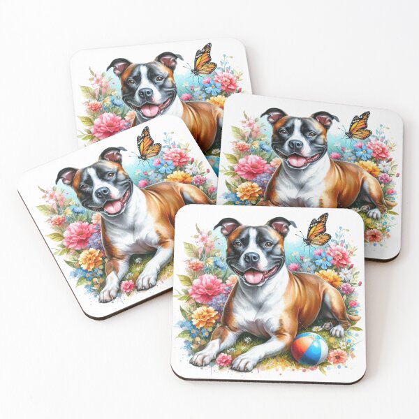 Item preview, Colorful Happy Staffy in Garden with Butterfly Watercolor Portrait designed and sold by MaedK.