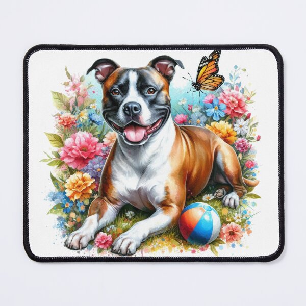 Item preview, Colorful Happy Staffy in Garden with Butterfly Watercolor Portrait designed and sold by MaedK.