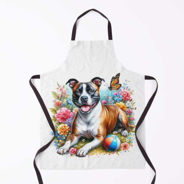 Item preview, Colorful Happy Staffy in Garden with Butterfly Watercolor Portrait designed and sold by MaedK.