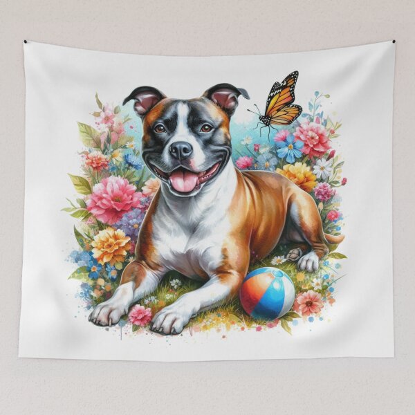 Item preview, Colorful Happy Staffy in Garden with Butterfly Watercolor Portrait designed and sold by MaedK.