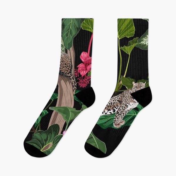 Item preview, Colorful floral night pattern with tiger leopard sleeping on the tree and exotic tropical leaves illustration. designed and sold by MatyKotiv.