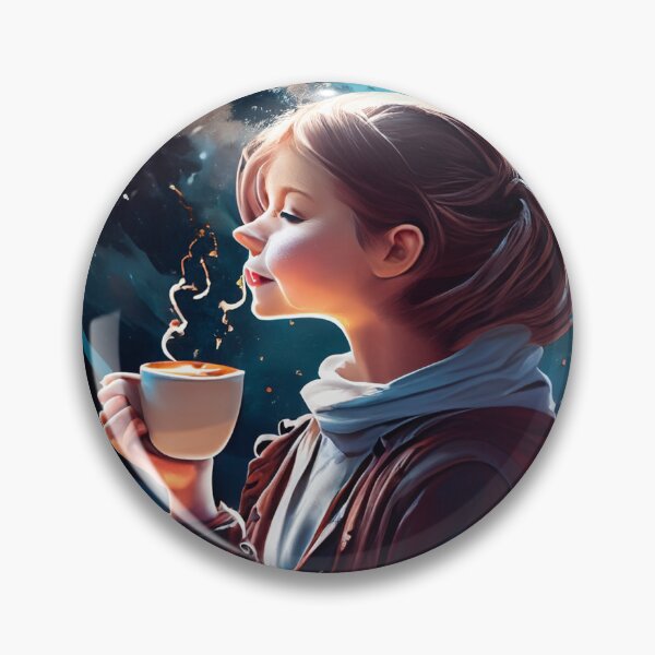 Aperçu de l'œuvre Moment café cosmique – Une fille savoure son café sous la lueur planétaire créée et vendue par CoreMinimal.