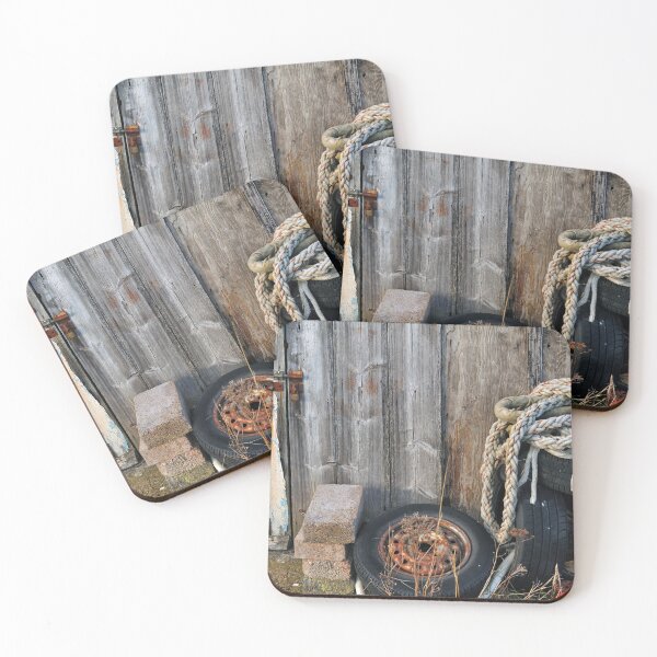 Item preview, Ropes and tyres stacked near a old boat shed door, Lindisfarne. designed and sold by Richard Flint.