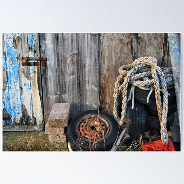 Item preview, Ropes and tyres stacked near a old boat shed door, Lindisfarne. designed and sold by Richard Flint.