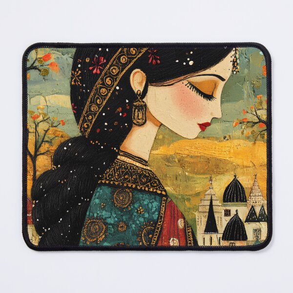 Item preview, Elegant woman with braid amidst vibrant background scene designed and sold by Artessie.