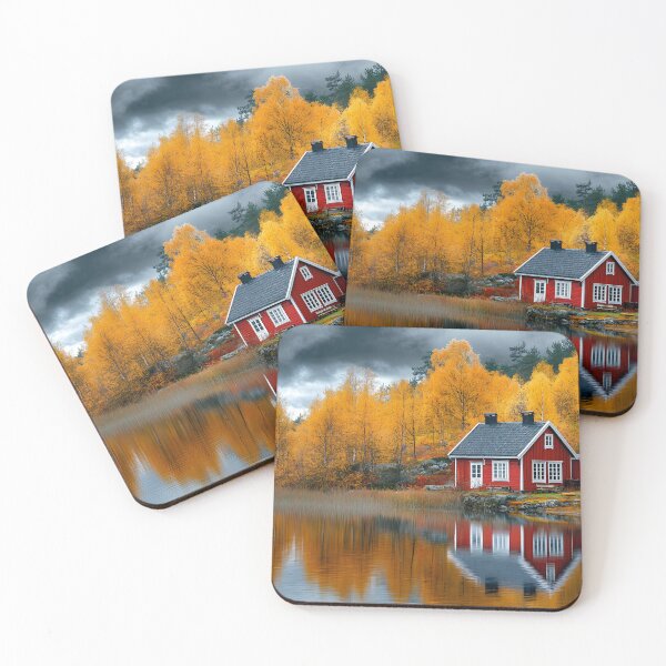 Item preview, Cozy red cabin reflected in calm autumn lake scenery. designed and sold by Artessie.
