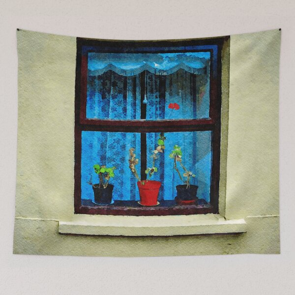 Item preview, Charming window view with potted plants in Dingle, Ireland watercolor art designed and sold by GestaltImagery.