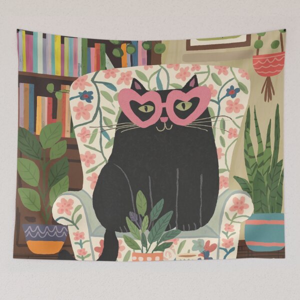 Item preview, Happy Valentine's Day! A cute black kitten in a festive mood is chilling in an armchair with heart-shaped glasses. designed and sold by SaraSumi.