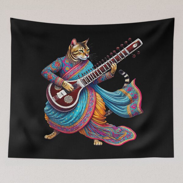 Aperçu de l'œuvre Des grattements sarcastiques, des moustaches qui tremblent, un chat du Bengale jouant du sitar créée et vendue par Tiszert.
