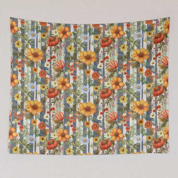 Item preview, Colorful summer flowers and grey stripes seamless pattern design  designed and sold by Clara Fruggeri.