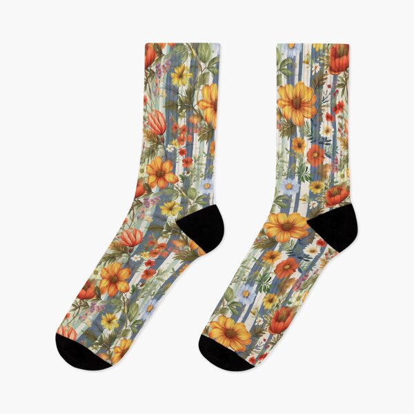 Item preview, Colorful summer flowers and grey stripes seamless pattern design  designed and sold by Clara Fruggeri.
