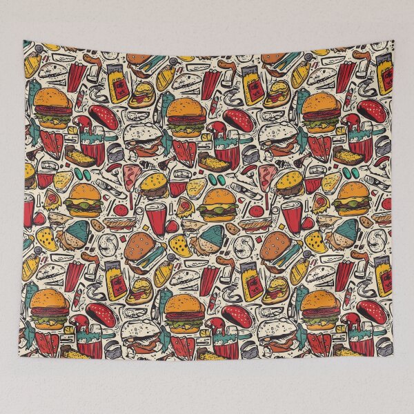 Item preview, Vintage style burgers and fries repeating pattern designed and sold by Piotrek0001.