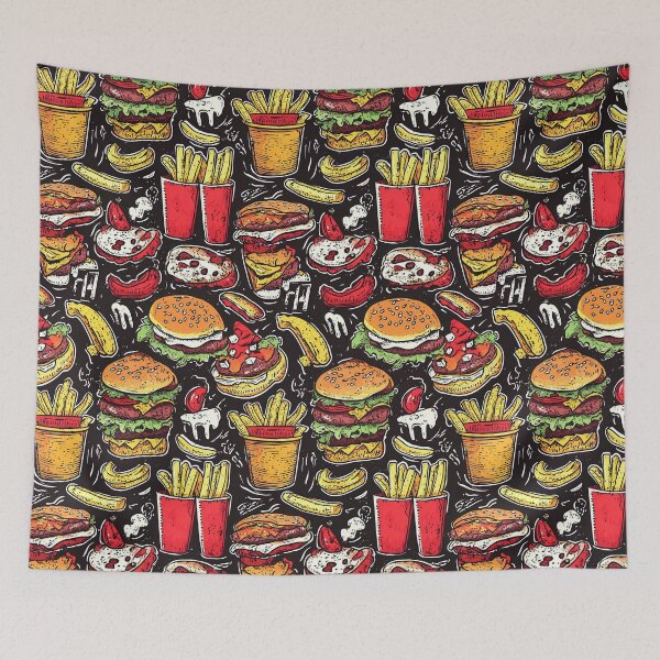 Item preview, Retro fast food illustration with burgers and fries designed and sold by Piotrek0001.