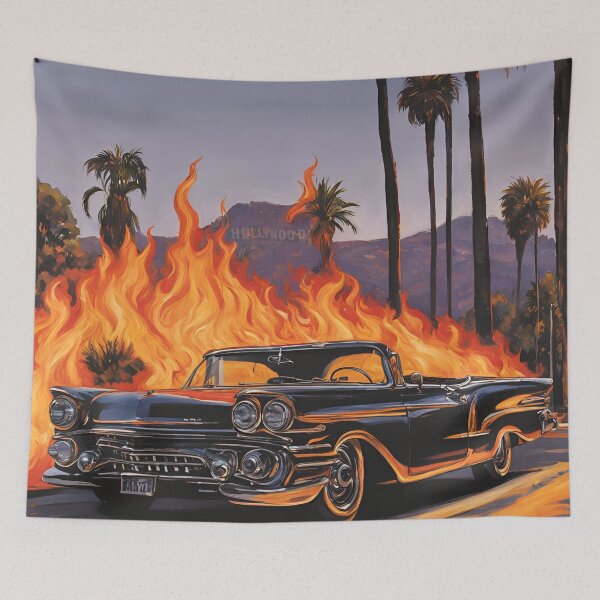 Item preview, Classic car on fire under palm trees designed and sold by vatisa.