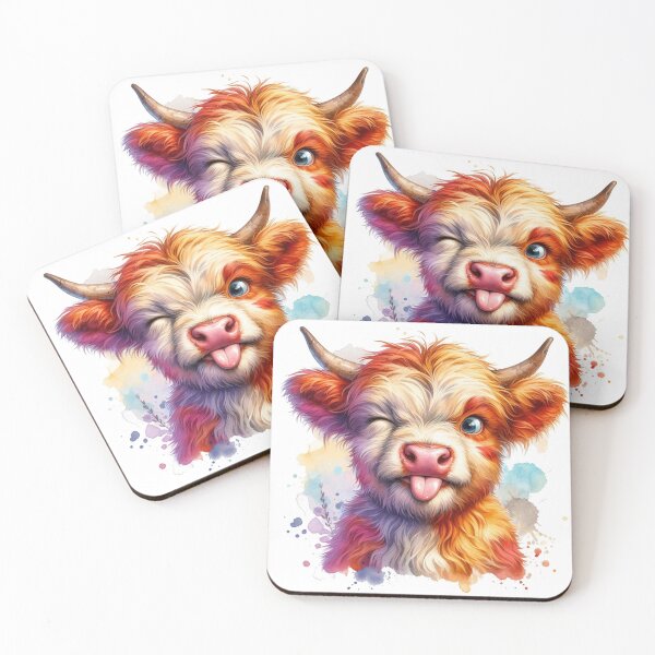 Item preview, Cute Scottish Baby Highland Cow Calf Pulling Funny Faces Colorful Watercolor designed and sold by MaedK.