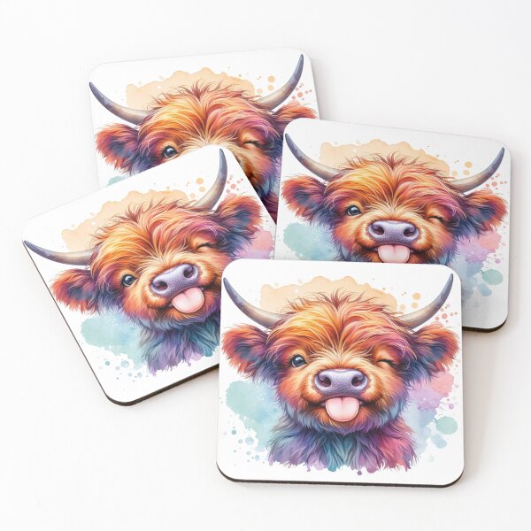 Item preview, Cute Scottish Baby Highland Cow Calf Pulling Funny Faces Colorful Watercolor designed and sold by MaedK.