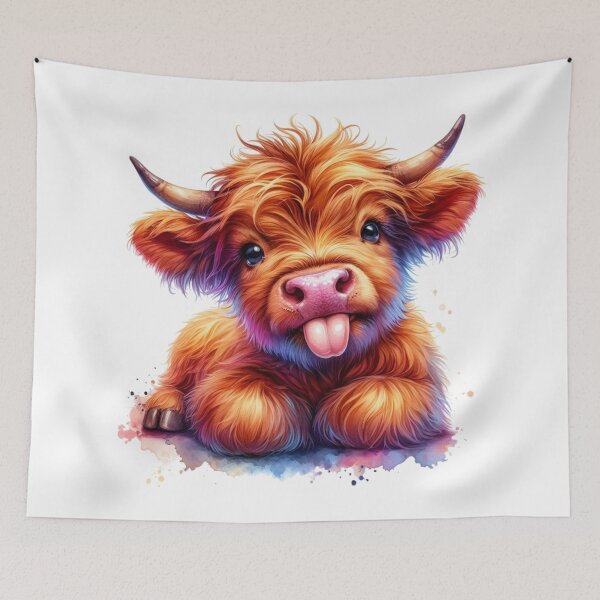 Item preview, Cute Scottish Baby Highland Cow Calf Sticking Out Tongue Colorful Watercolor designed and sold by MaedK.