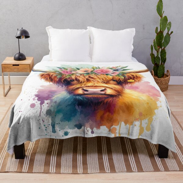 Item preview, Scottish Highland Cow Wearing a Crown of Flowers Colorful Watercolor designed and sold by MaedK.