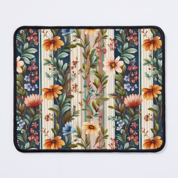 Item preview, Seamless Pattern with Continuous Floral and Blue Stripes on Beige Background and Black Bands designed and sold by Clara Fruggeri.