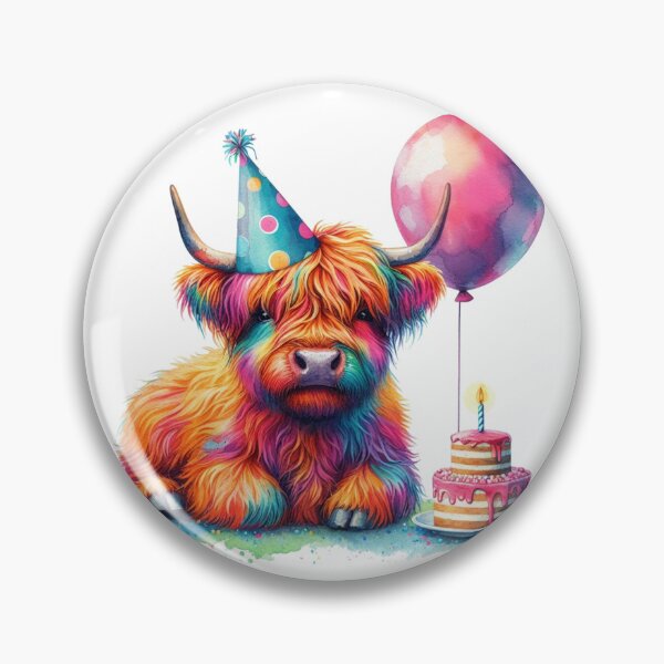 Aperçu de l'œuvre Veau de vache des Highlands écossais célébrant un joyeux anniversaire aquarelle colorée créée et vendue par MaedK.