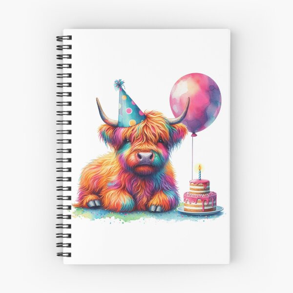 Item preview, Scottish Highland Cow Calf Celebrating a Happy Birthday Colorful Watercolor designed and sold by MaedK.