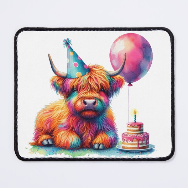 Item preview, Scottish Highland Cow Calf Celebrating a Happy Birthday Colorful Watercolor designed and sold by MaedK.