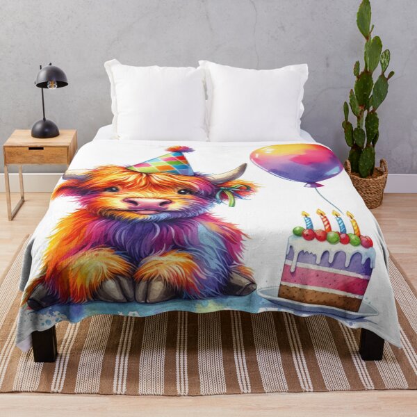 Item preview, Scottish Highland Cow Calf Celebrating a Happy Birthday Colorful Watercolor designed and sold by MaedK.