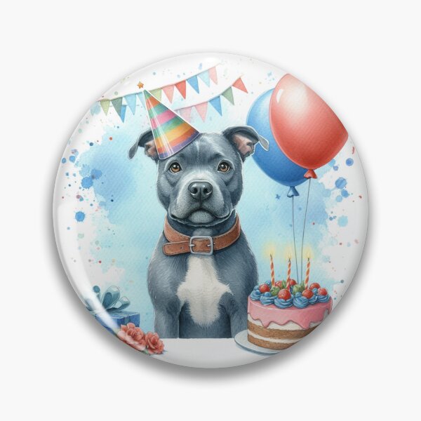 Item preview, Blue Staffy Puppy Celebrating a Happy Birthday Colorful Watercolor designed and sold by MaedK.