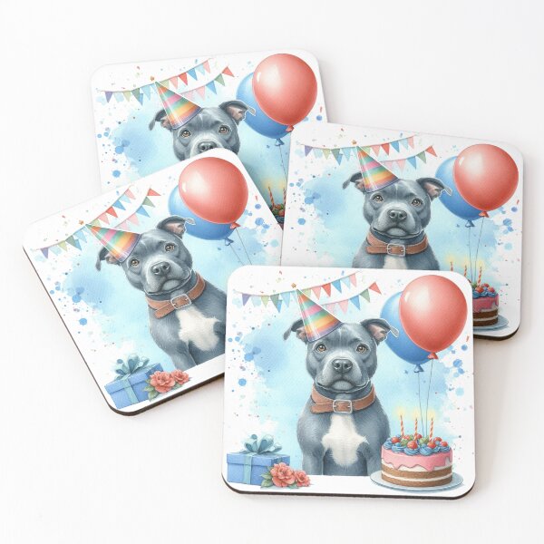 Item preview, Blue Staffy Puppy Celebrating a Happy Birthday Colorful Watercolor designed and sold by MaedK.