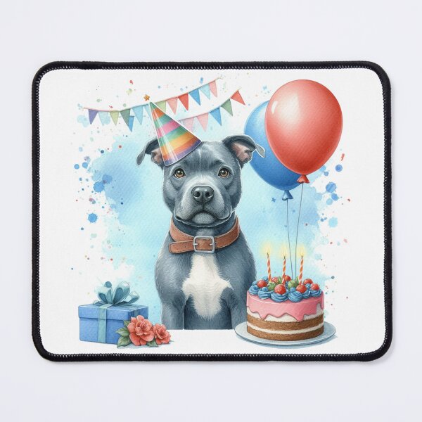Item preview, Blue Staffy Puppy Celebrating a Happy Birthday Colorful Watercolor designed and sold by MaedK.