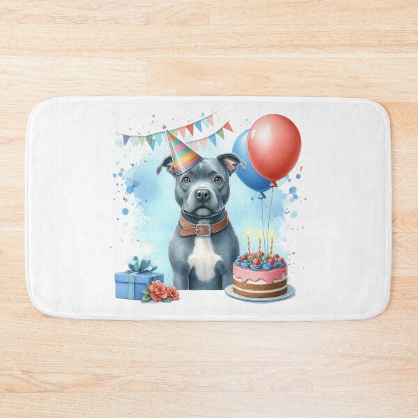 Item preview, Blue Staffy Puppy Celebrating a Happy Birthday Colorful Watercolor designed and sold by MaedK.