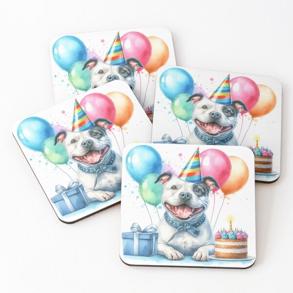 Item preview, Black and White Staffy Puppy Celebrating a Happy Birthday Colorful Watercolor designed and sold by MaedK.
