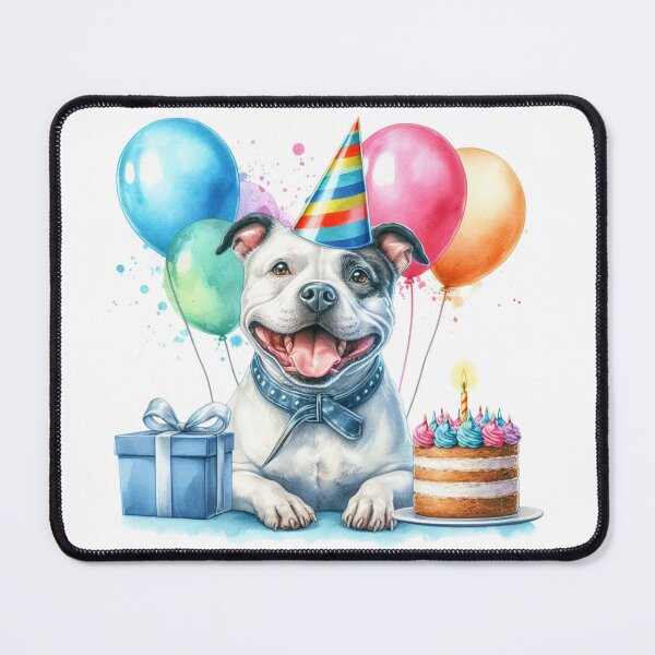 Item preview, Black and White Staffy Puppy Celebrating a Happy Birthday Colorful Watercolor designed and sold by MaedK.