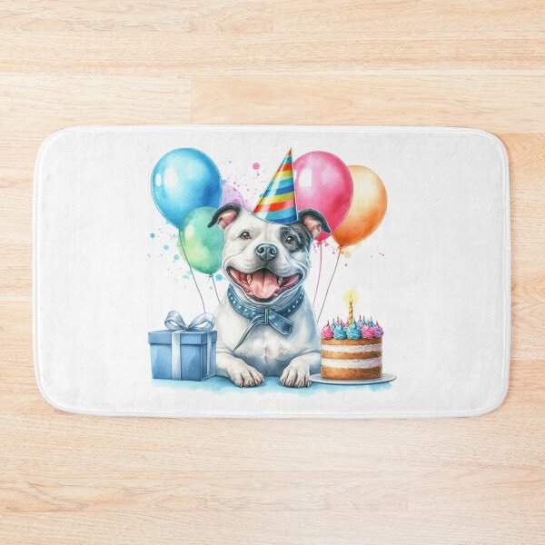 Item preview, Black and White Staffy Puppy Celebrating a Happy Birthday Colorful Watercolor designed and sold by MaedK.