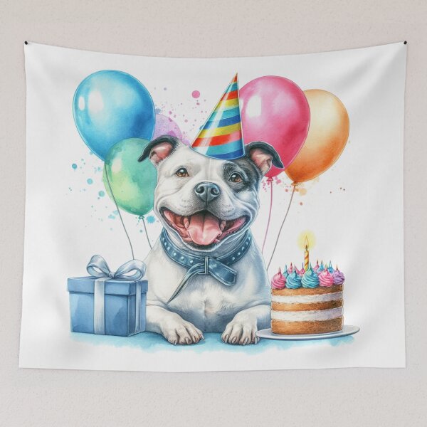 Item preview, Black and White Staffy Puppy Celebrating a Happy Birthday Colorful Watercolor designed and sold by MaedK.