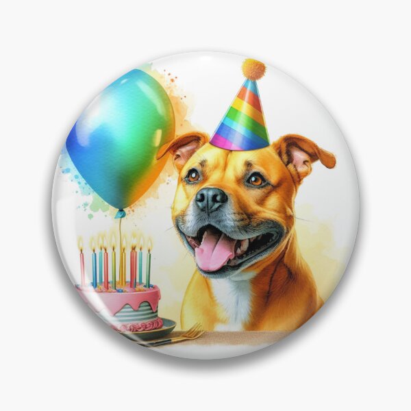 Item preview, Golden Staffy Puppy Celebrating a Happy Birthday Colorful Watercolor designed and sold by MaedK.