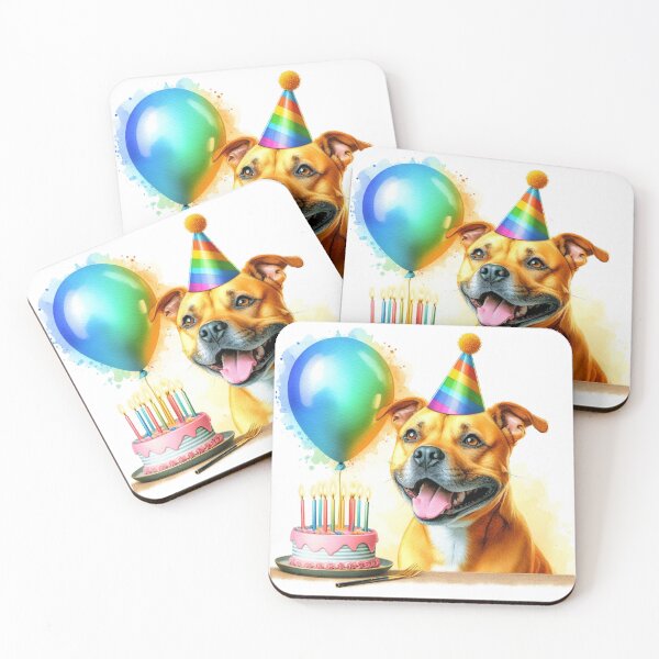 Item preview, Golden Staffy Puppy Celebrating a Happy Birthday Colorful Watercolor designed and sold by MaedK.