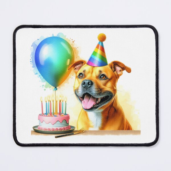 Item preview, Golden Staffy Puppy Celebrating a Happy Birthday Colorful Watercolor designed and sold by MaedK.