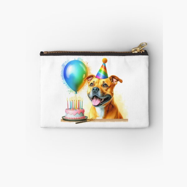 Item preview, Golden Staffy Puppy Celebrating a Happy Birthday Colorful Watercolor designed and sold by MaedK.