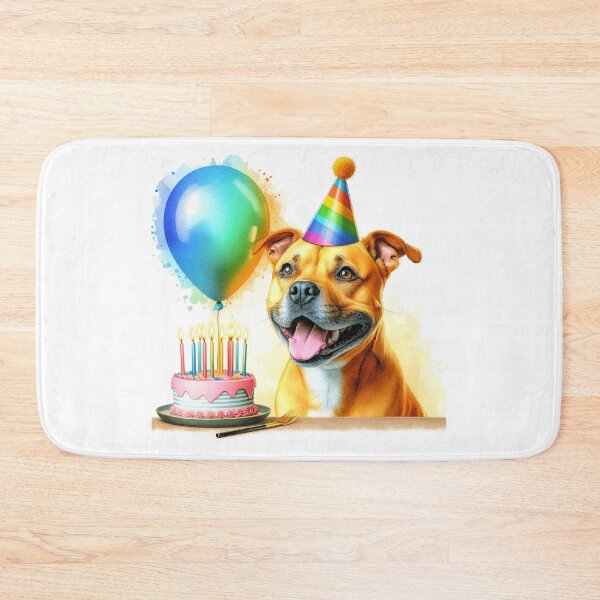 Item preview, Golden Staffy Puppy Celebrating a Happy Birthday Colorful Watercolor designed and sold by MaedK.