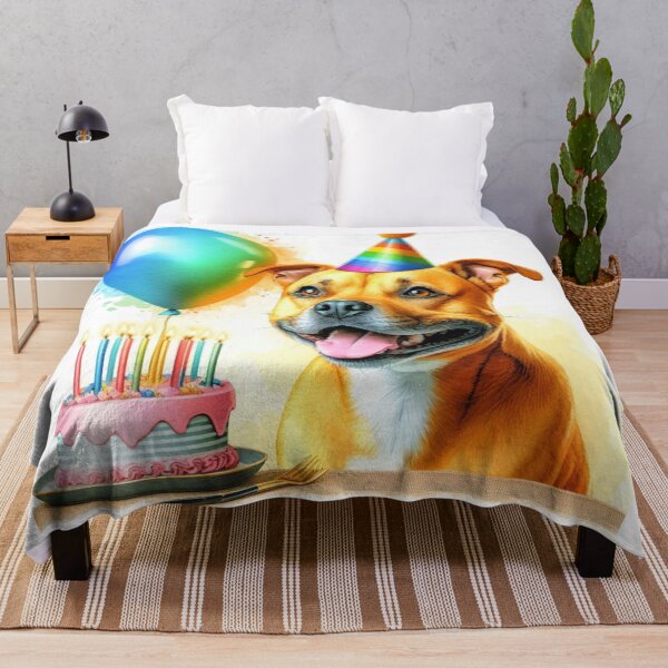 Item preview, Golden Staffy Puppy Celebrating a Happy Birthday Colorful Watercolor designed and sold by MaedK.