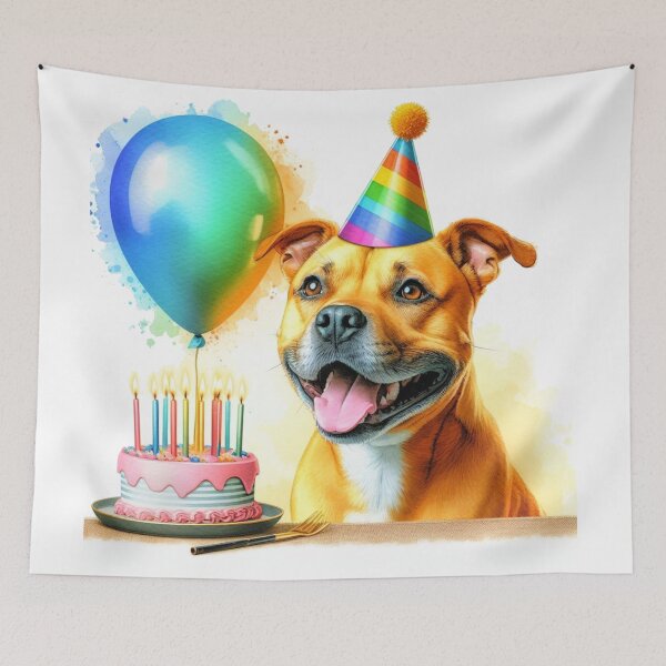 Item preview, Golden Staffy Puppy Celebrating a Happy Birthday Colorful Watercolor designed and sold by MaedK.